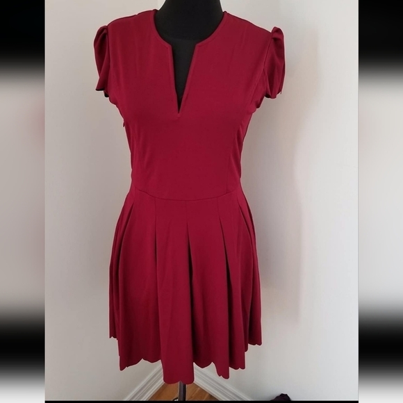 Burghundy V-NECK Skater Dress M - Picture 11 of 14